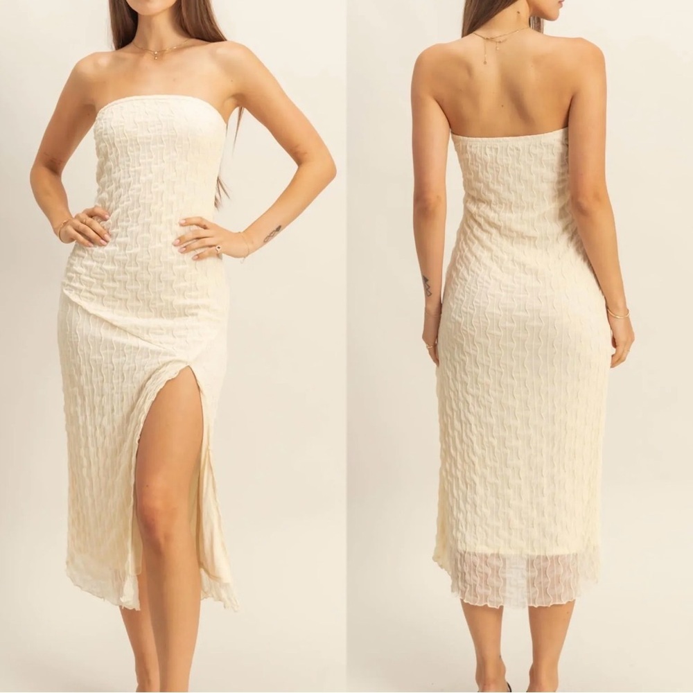NEW HYFVE Ivory Strapless Textured Lace Midi Sheath Dress Side Slit Size Small